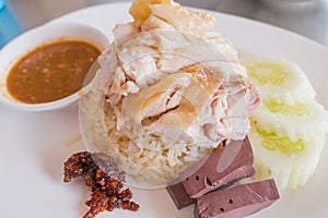 Hainanese chicken rice , Thai gourmet rice topped with chicken ,thai food