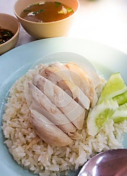 Hainanese chicken rice , Thai gourmet steamed chicken with rice. khao mun kai in Thai speak. Most favorite famous Chinese food