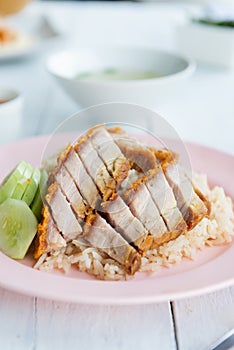 Hainanese rice with crispy pork , Thai gourmet steamed crispy po