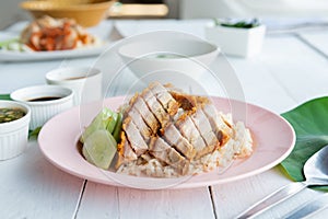 Hainanese rice with crispy pork , Thai gourmet steamed crispy po