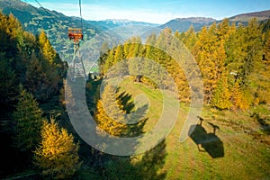 Hainzenberg, Austria - 10.17.2022: Valley of Zillertal with cableway cables. Cableway from Hainzenberg to Bergstation