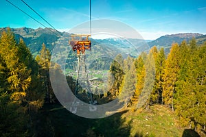 Hainzenberg, Austria - 10.17.2022: Valley of Zillertal with cableway cables. Cableway from Hainzenberg to Bergstation