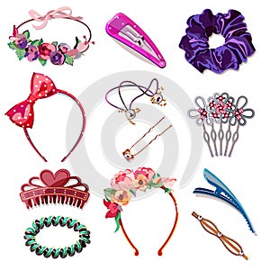 Hair accessories cartoon illustration. Fashion elegant decoration for female hairstyle. Vector icons and design elements
