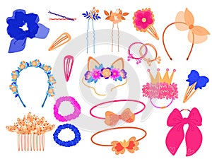 Hair accessories. Different girly style elements. Headbands, tiaras, elastic bands and hair pins, decorative flowers