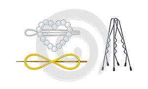 Hair accessories for girlish hairstyle set. Hairpins and clips cartoon vector illustration