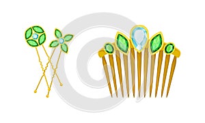 Hair accessories for girlish hairstyle set. Hairpins and hair comb cartoon vector illustration