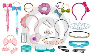 Hair accessories. Woman fashion clips bows hairband elastic ribbons for girls vector cartoon photo