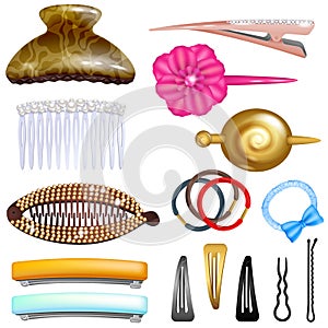 Hair accessory vector hairpin or hair-slide and hair-clip ponytailer for girlish hairstyle illustration beauty fashion