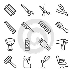 Hair Barber shop icon illustration vector set. salon, razor blade, clippers, barber pole, scissors Editable stroke photo