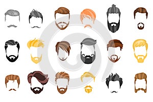 Hair, beard and face, hair, mask cutout cartoon flat collection. Vector men`s hairstyle, illustration, beard and hair