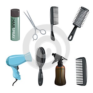 Hair beauty salon equipment set. Hairspray, scissors, comb, hairbrush, dryer.