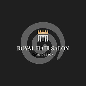 Hair beauty salon logo. Comb with crown on black