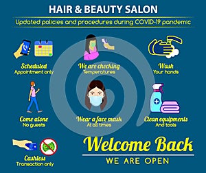 Hair beauty salon new rules poster or public health practices for covid-19 or health and safety protocols or new normal lifestyle