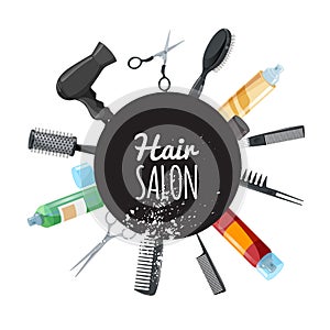 Hair and beauty salon poster with black circle and hair accessories. Professional hairdressers tools. Vector illustrations