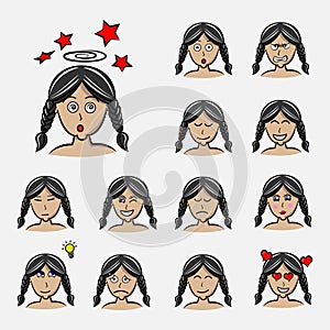 Hair braid Set of woman emotions. Facial expression. Girl Avatar. Hand drawn style vector design