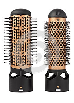 Hair brushes on a white background. Hair dryer attachments. Hairdressing Supplies.