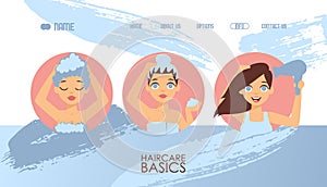 Hair care basics, vector illustration. Website template, haircare products guide, shampoo and mask. Landing page design
