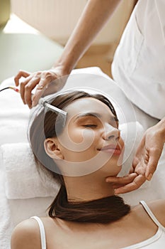 Hair Care. Beautiful Woman Receiving Brushing Beauty Treatment