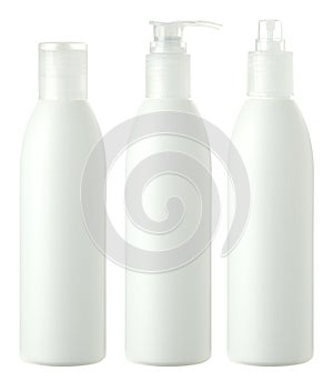 Vlasy starostlivosť fľaše na bielom 