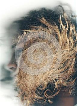 Hair, care and closeup of man with damaged hairstyle in barber, studio or salon. Split ends, haircut and person at the
