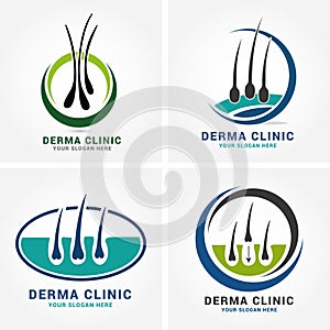 Hair care dermatology logo icon set with follicle medical diagnostics symbols. Alopecia treatment and transplantation concept. Vec