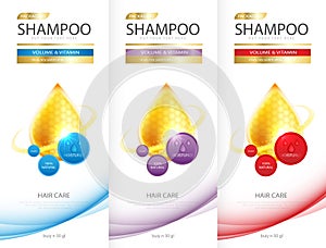 Hair care design of shampoo. cosmetic for design the effects of protection and shine and radiance of hair on a bright. Vector