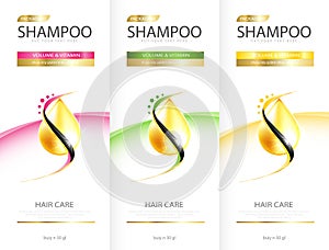 Hair care design of shampoo. cosmetic for design the effects of protection and shine and radiance of hair on a bright. Vector