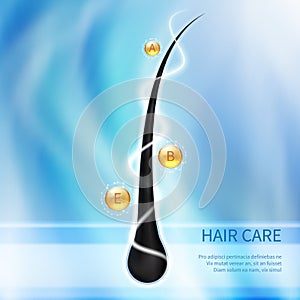 Hair care, ends splitting prevention concept. Nourishing shampoo for health hairs vector background