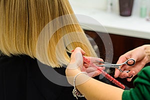 Hair care, hairdresser cuts the cut ends of hair and straightens the length, the work of hairdressers during the global