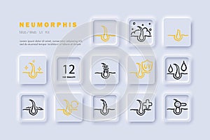 Hair care line icon. Shampoo, conditioner, scalp care, balm, moisturizing, split ends. Neomorphism steyle. Vector line icon for