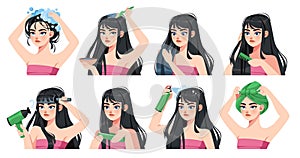 Hair care routine. Girl with long dark hair, washing, drying, combing and applying mask, volume shampoo, strength and