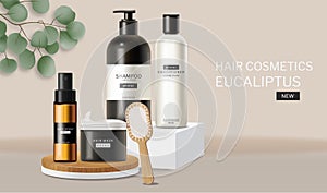 Hair care set cosmetics vector realistic. Shampoo, oil, butter and conditioner. Product placement mock ups