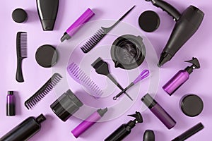 Hair care, styling and coloring products with hair dye hairdressing tools. Top view, flatlay