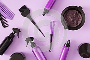 Hair care, styling and coloring products with hair dye tools. Top view, flat lay