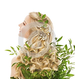 Hair Care, Woman Long Hair and Organic Leaves, Model Rear View