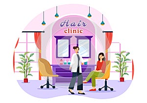 Hair Clinic Vector Illustration with Hairdresser, Haircut, Haircare and Hairstyle in Beauty Salon or Barber in Flat Cartoon