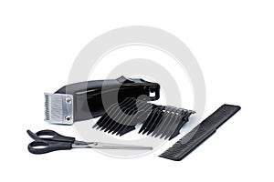 Hair clipper, comb and scissors white background