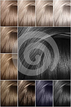Hair color palette with a wide range of samples. Samples of colored hair colors. Shades of cold colors.