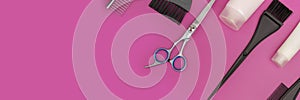 Hair coloring kit, brushes and tubes, hair scissors and hair comb, copy space