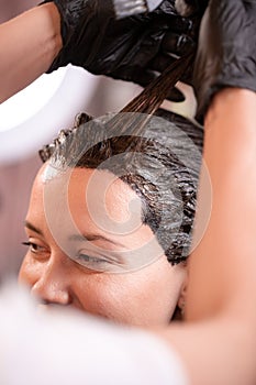 Hair coloring in the salon, hair styling. Professional wizard paints the hair in the salon. Beauty concept, hair care.