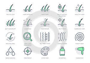 Hair cosmetic line icons. Vector illustration include icon - skincare, frizzy, repair, revitalizing, scalp, dandruff