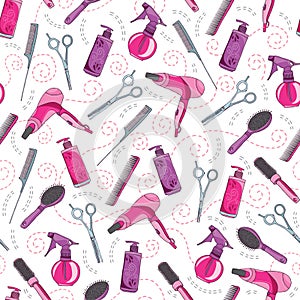 Hair craft vector seamless pattern. Hair cut professional salon background in colors of pink, purple and grey