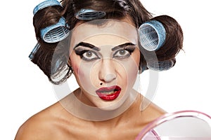 Hair curlers and bad make up