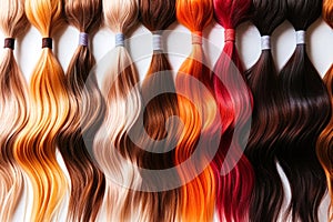 Hair curls for extensions, coloring in colorful colors on white background, close up