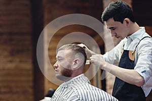 Hair cutting head scissors. Men`s hairdresser