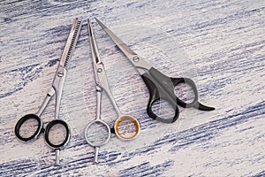 Hair cutting scissors for hairdressers in beauty salon photo