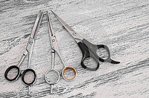Hair cutting scissors for hairdressers in beauty salon photo