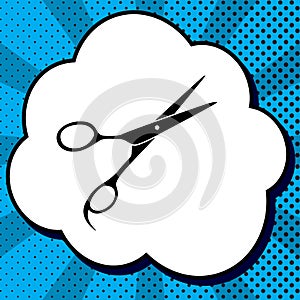 Hair cutting scissors sign. Vector. Black icon in bubble on blue