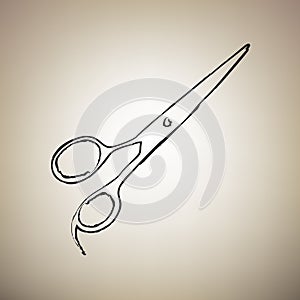 Hair cutting scissors sign. Vector. Brush drawed black icon at l