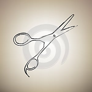Hair cutting scissors sign. Vector. Brush drawed black icon at l
